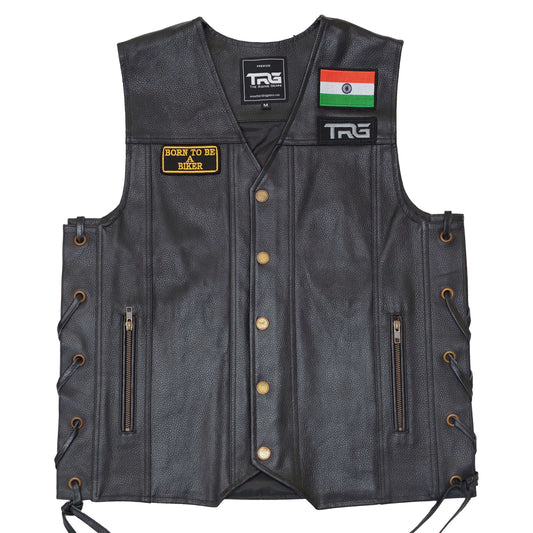 Born To Be A Biker embroidered patch on black leather motorcycle riding vest