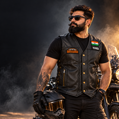 Brotherhood Biker Patch worn on black biker vest in motorcycle lifestyle scene