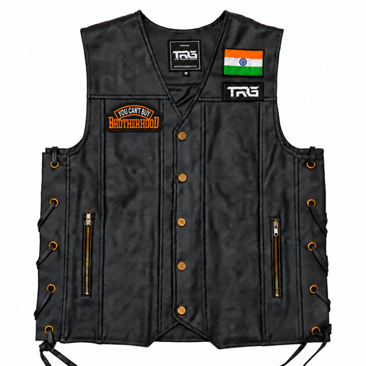 Brotherhood Biker Patch displayed on black motorcycle riding vest on white background