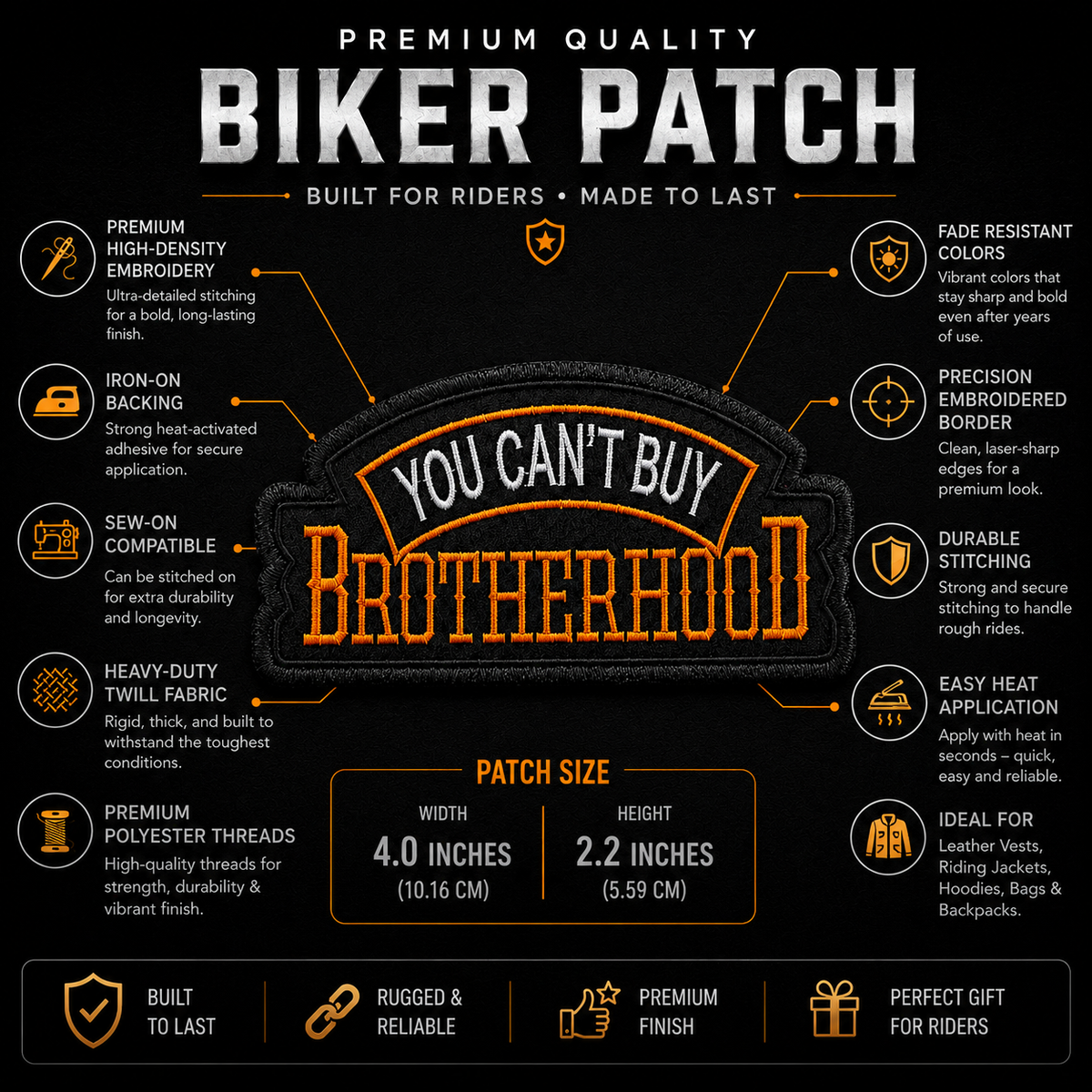 Brotherhood Biker Patch embroidery features and 4 by 2.2 inch size details