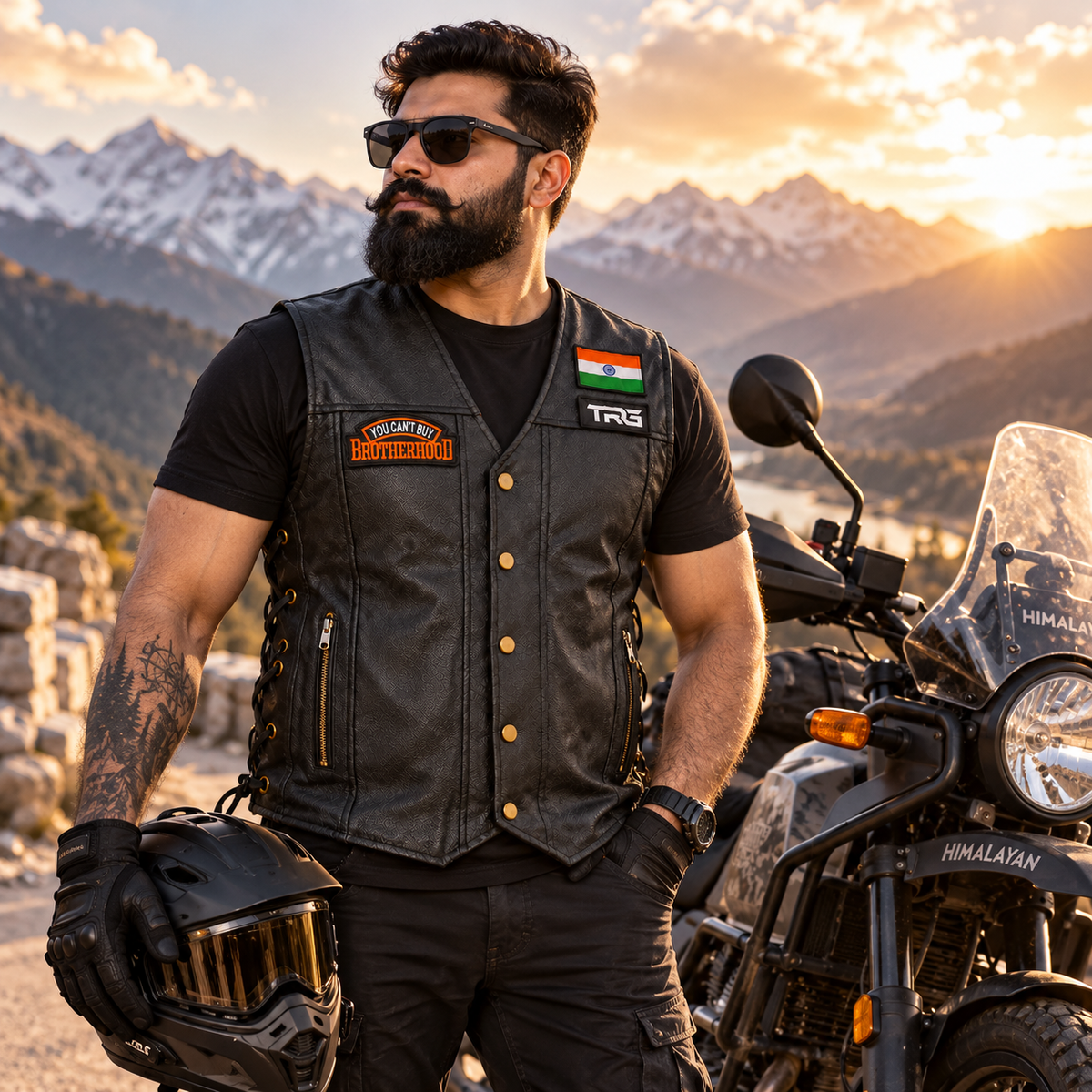 Brotherhood Biker Patch worn on motorcycle vest by rider in mountain setting