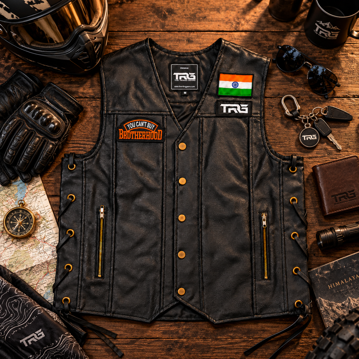 Brotherhood Biker Patch displayed on black riding vest with motorcycle accessories