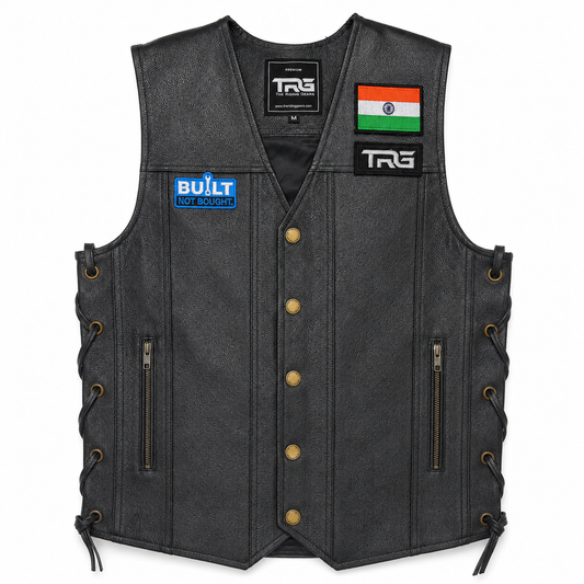 Built Not Bought biker patch displayed on black leather motorcycle vest on white background