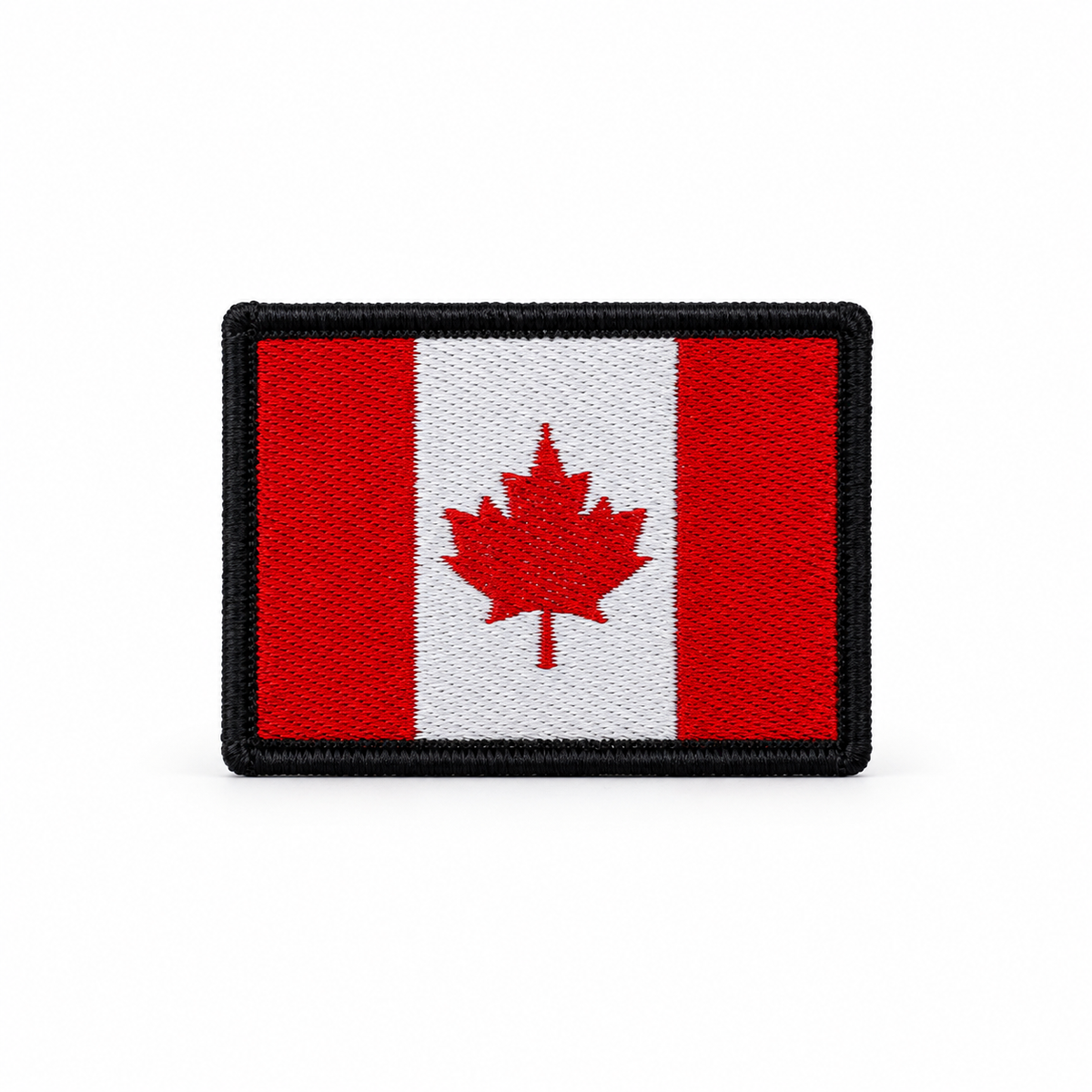 Canadian Flag Embroidery Patch with red maple leaf, white center, red side panels and black embroidered border