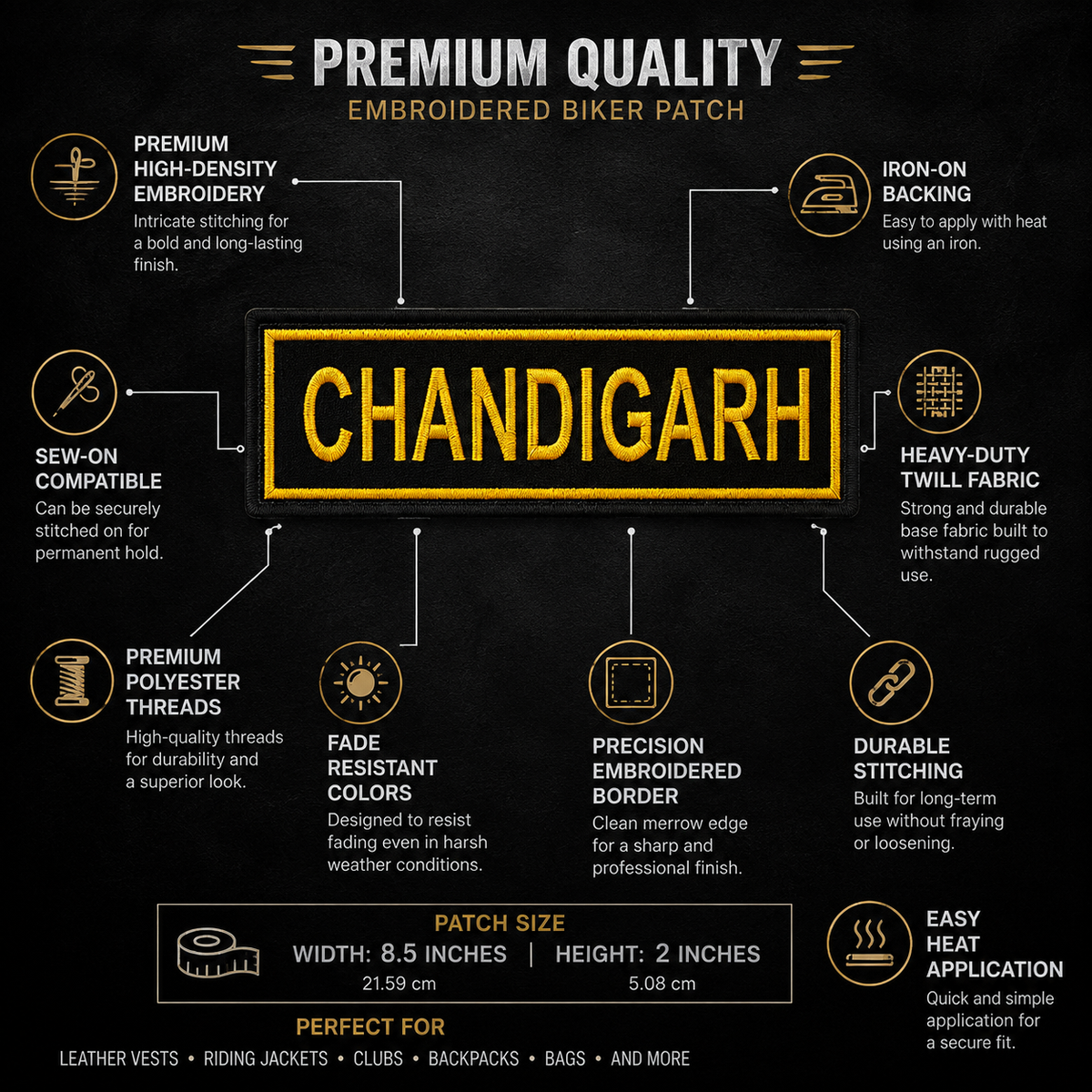 Chandigarh state patch embroidery infographic showing iron-on backing, sew-on compatibility, durable stitching and size 8.5 inch width by 2 inch height.