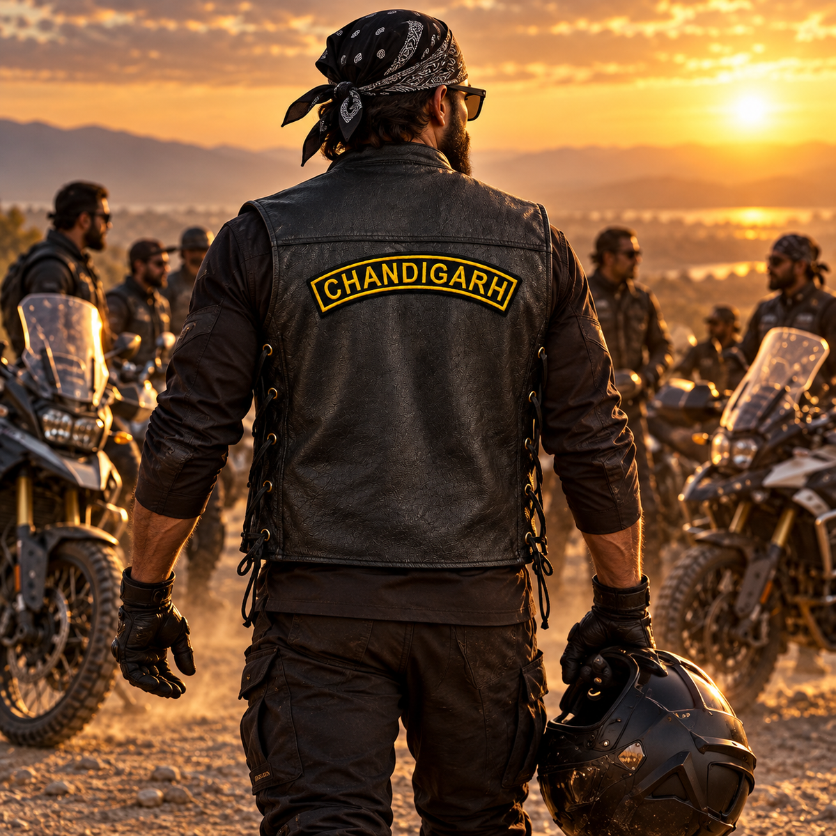 Chandigarh Top Curved embroidery patch displayed on a black leather vest in an outdoor biker group lifestyle scene at sunset.