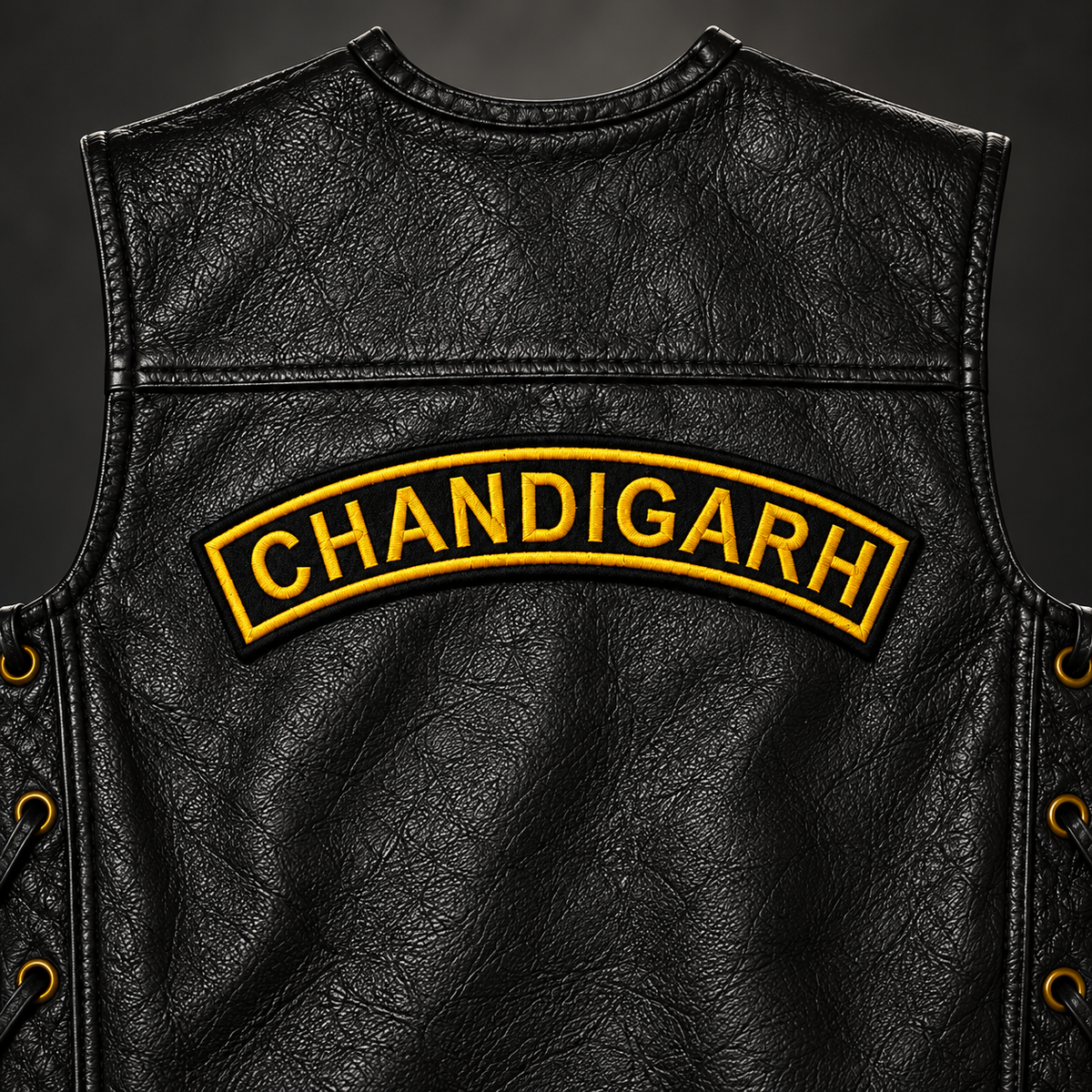 Close-up view of the Chandigarh Top Curved embroidery patch stitched on the upper back of a black leather vest.