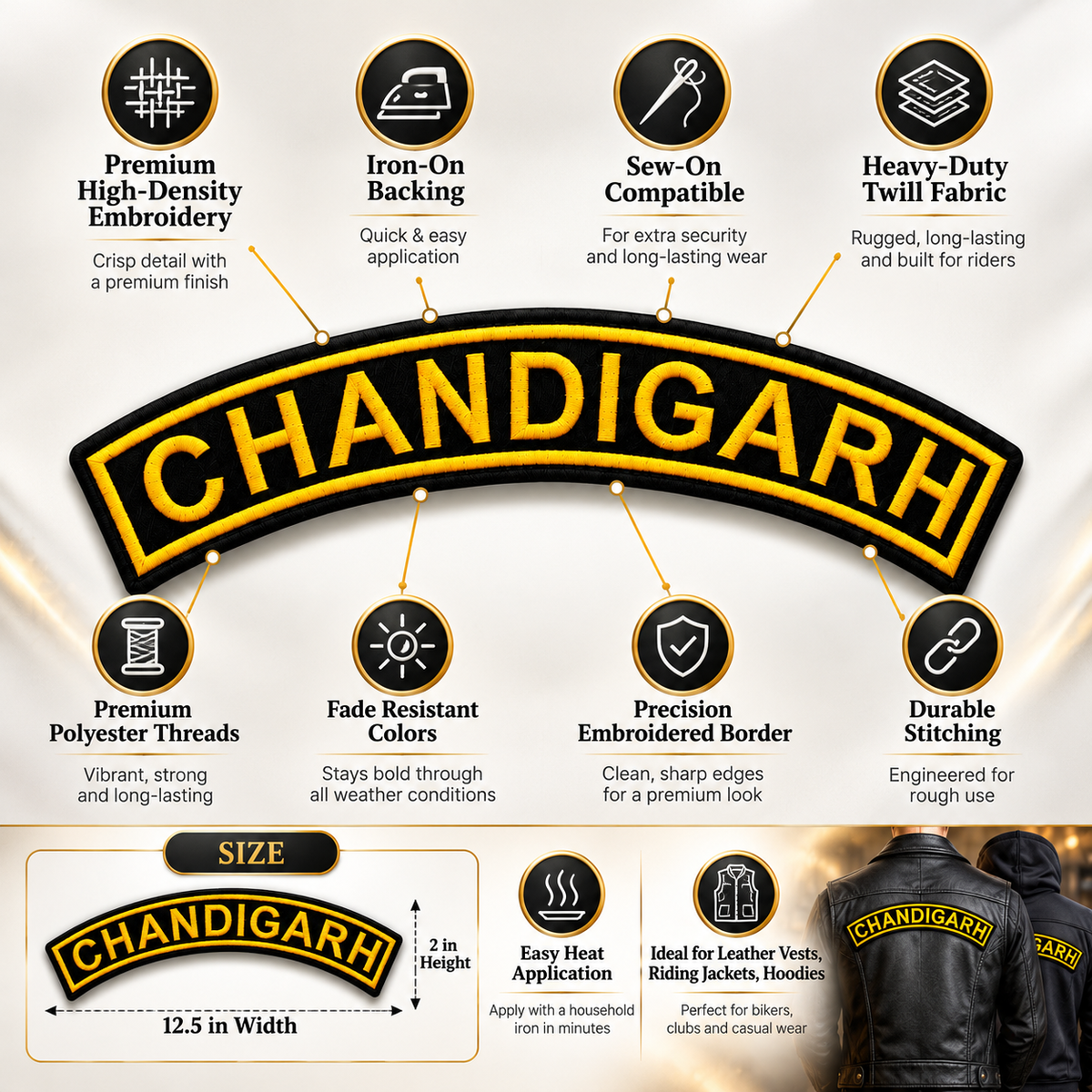 Chandigarh Top Curved embroidery patch infographic showing premium features, easy heat application, and size 12.5 inch width by 2 inch height.