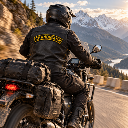 Rider wearing a black leather vest with the Chandigarh Top Curved embroidery patch on the upper back while riding on a mountain road.