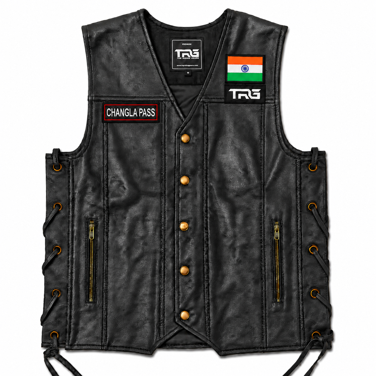 Changla Pass embroidery patch displayed on black leather riding vest with Indian flag and TRG chest patch on white background.