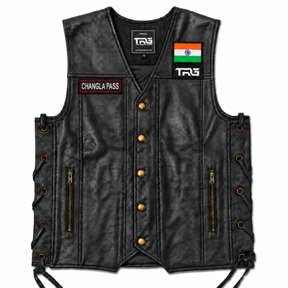 Changla Pass embroidery patch displayed on black leather riding vest with Indian flag and TRG chest patch on white background.