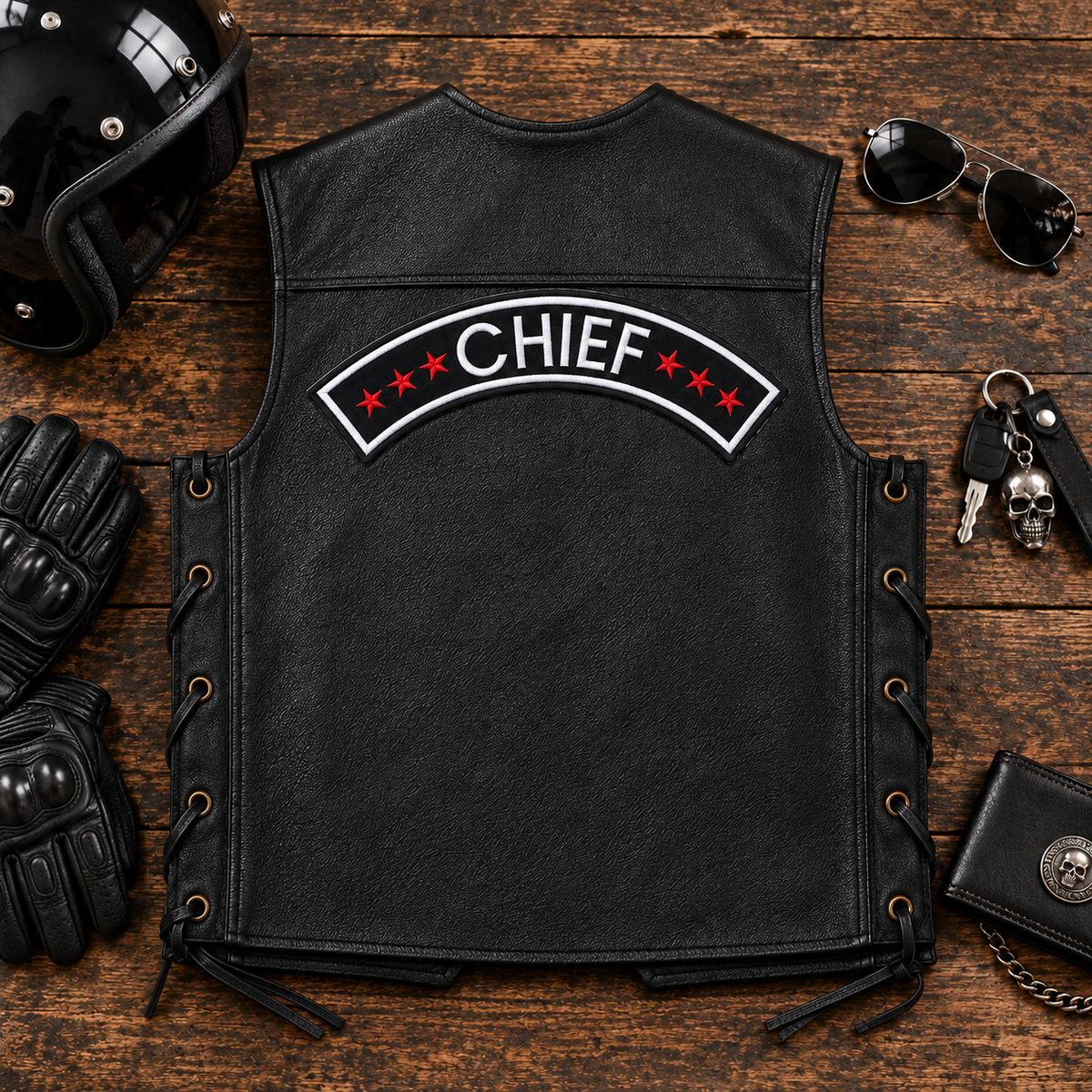 Chief Star embroidery patch displayed on the back of a black leather vest in a premium flat lay setup by TRG Gears