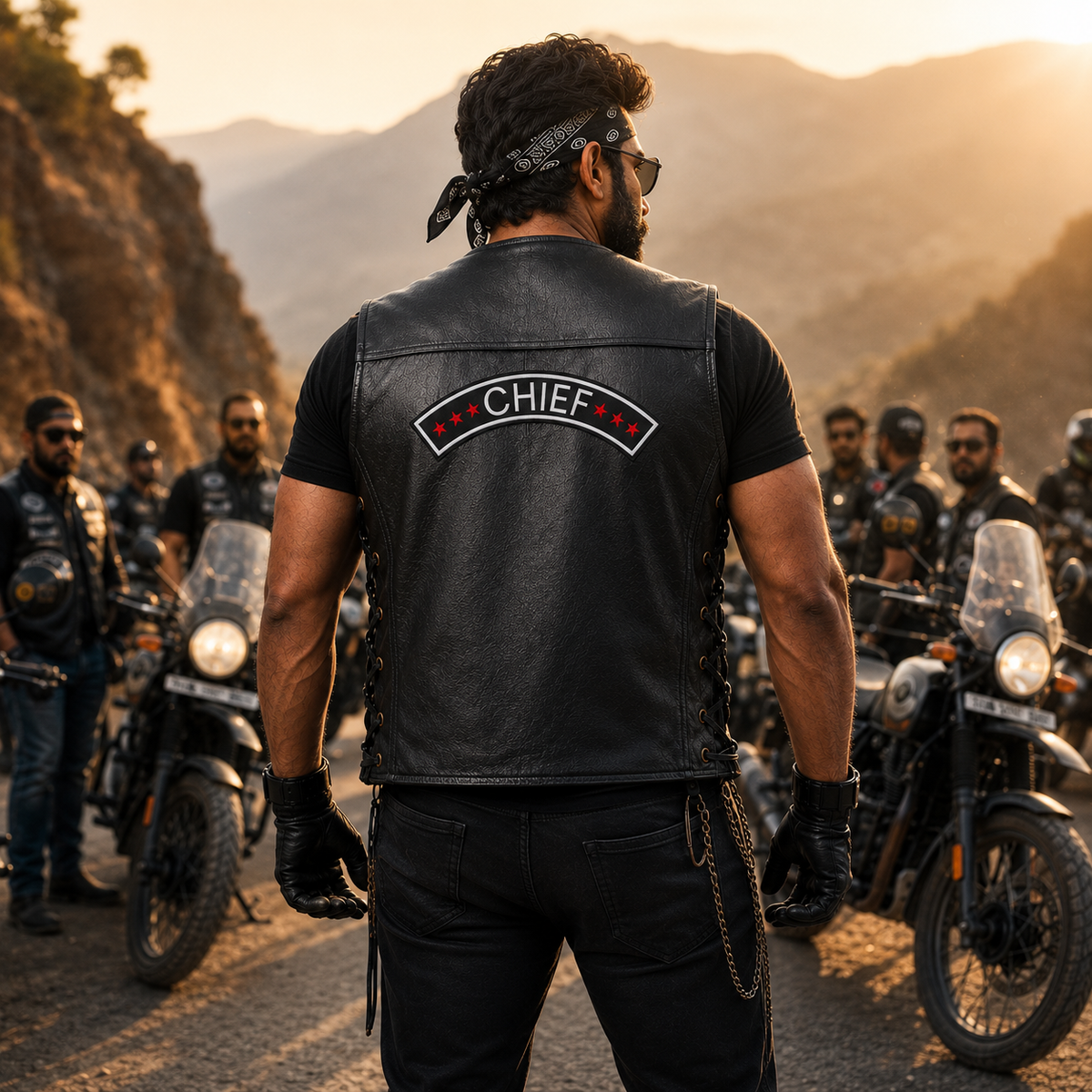 Chief Star embroidery patch on black leather vest during a motorcycle group ride by TRG Gears