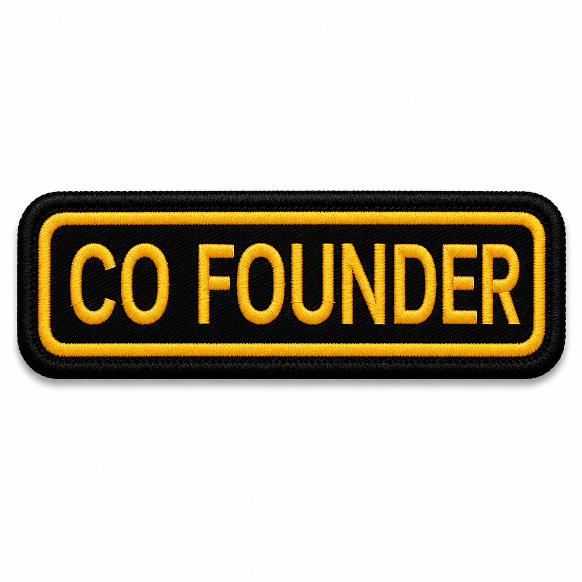 Rectangular embroidered biker patch featuring yellow 'CO FOUNDER' lettering with a black twill background and merrowed border for motorcycle jackets and leather vests
