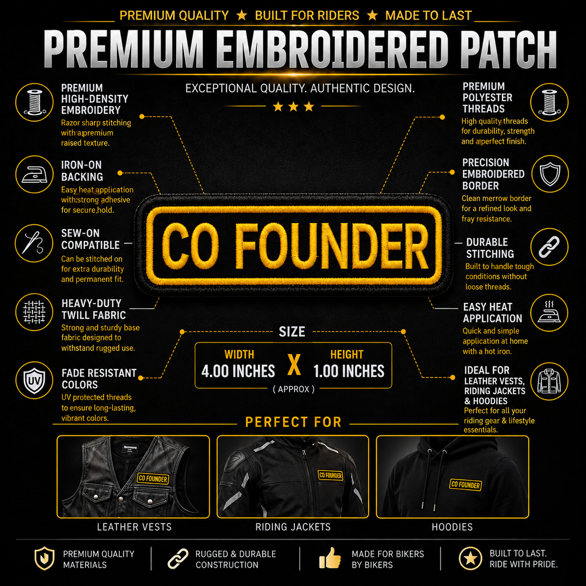 Feature infographic showing the 4x1 inch CO FOUNDER embroidered patch dimensions, iron-on backing, fade-resistant threads, and application examples on leather vests, riding jackets, and hoodies.