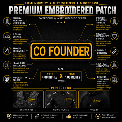 Feature infographic showing the 4x1 inch CO FOUNDER embroidered patch dimensions, iron-on backing, fade-resistant threads, and application examples on leather vests, riding jackets, and hoodies.