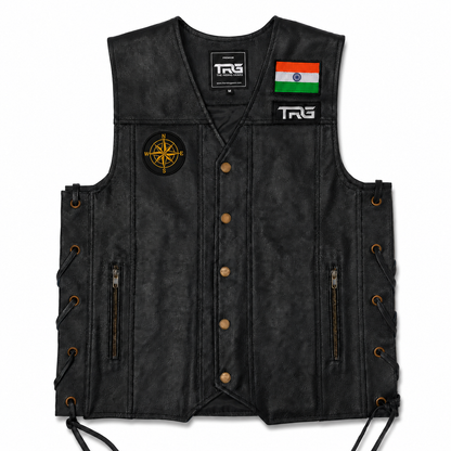 Compass Biker Patch displayed on black motorcycle riding vest on white background
