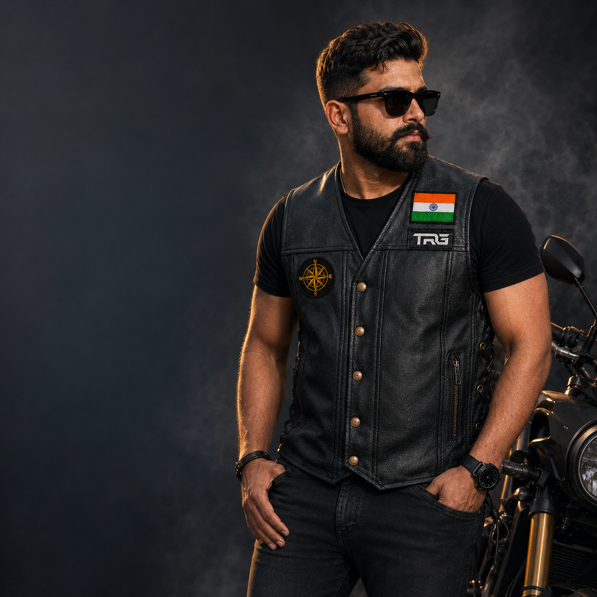 Compass Biker Patch worn by motorcycle rider on black leather vest in studio