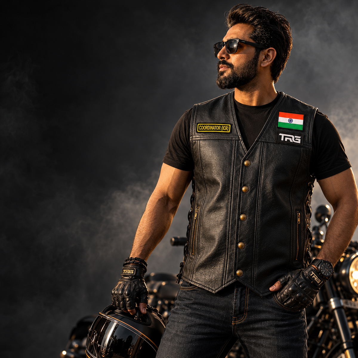 Motorcycle rider wearing Coordinator (ICR) front designation embroidered patch on a premium black leather riding vest.