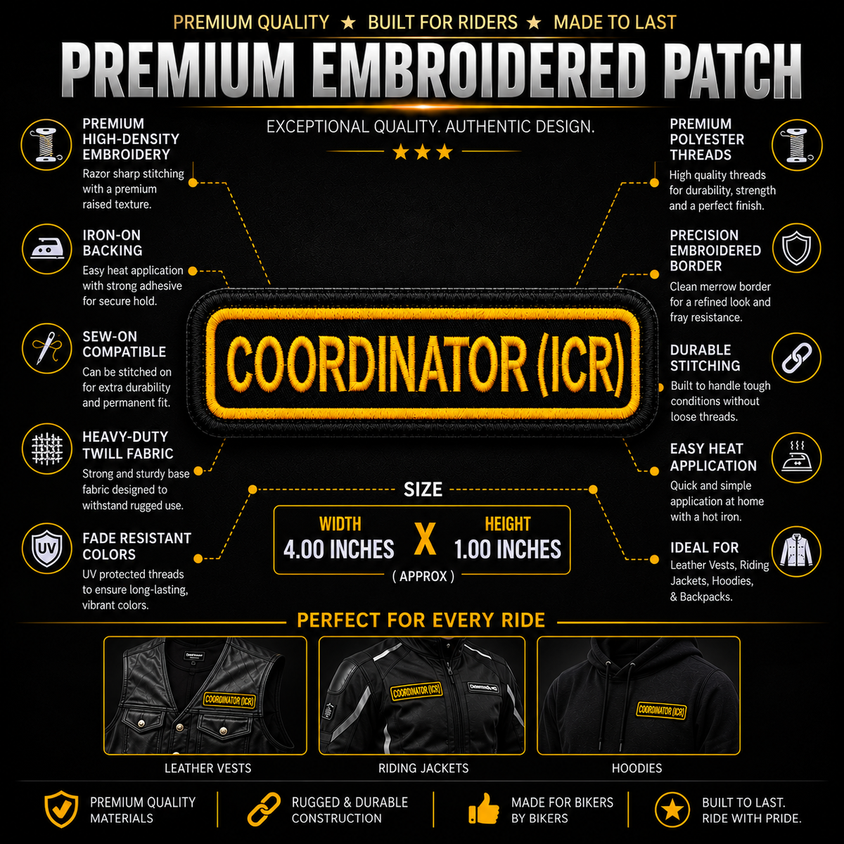 Coordinator (ICR) embroidered designation patch features and size infographic showing approximately 4 x 1 inches.