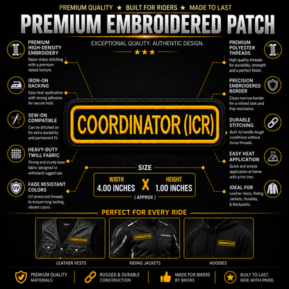 Coordinator (ICR) embroidered designation patch features and size infographic showing approximately 4 x 1 inches.