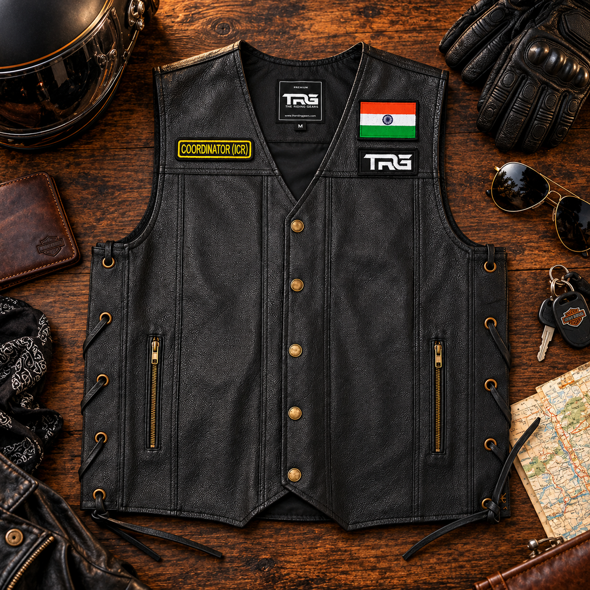 Coordinator (ICR) front designation patch displayed on a premium black leather biker vest in a motorcycle lifestyle flat lay.