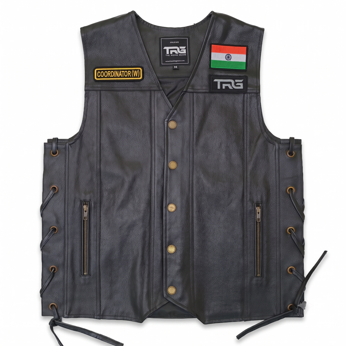 Coordinator (W) front designation embroidered patch displayed on a black leather motorcycle riding vest.