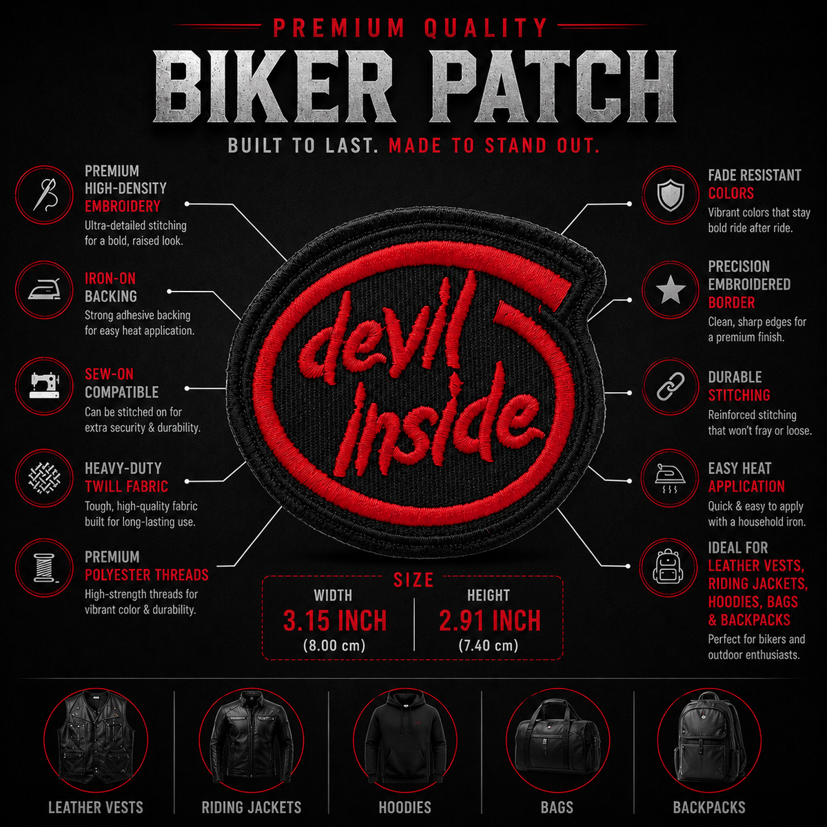 Devil Inside Biker Patch showing premium embroidery features and 3.15 x 2.91 inch size