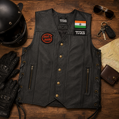Devil Inside Biker Patch displayed on black leather motorcycle vest with premium riding accessories