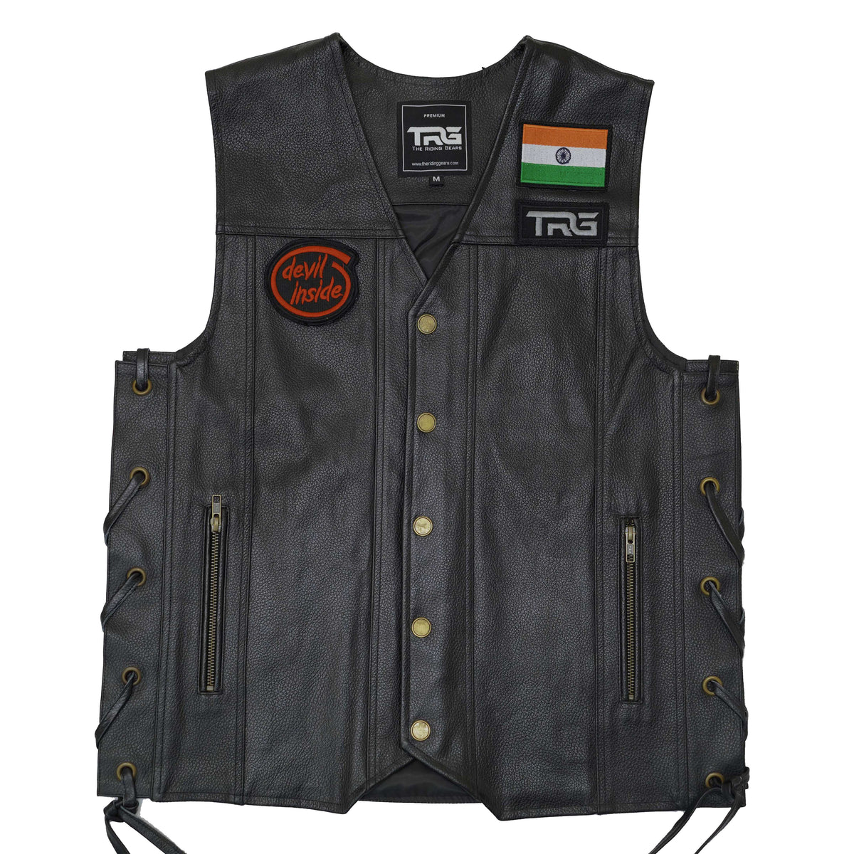 Devil Inside Biker Patch displayed on black leather motorcycle riding vest on white background