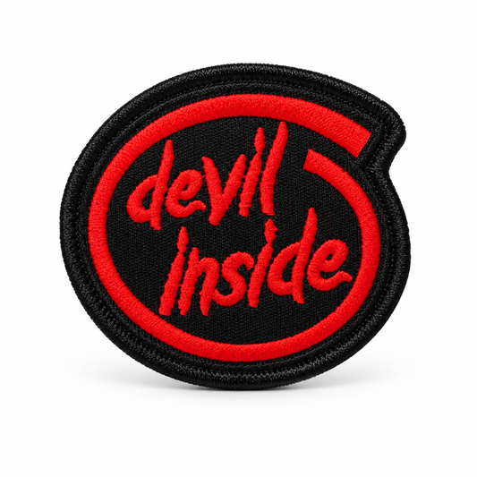 Devil Inside Biker Patch with red embroidery and black background on white background