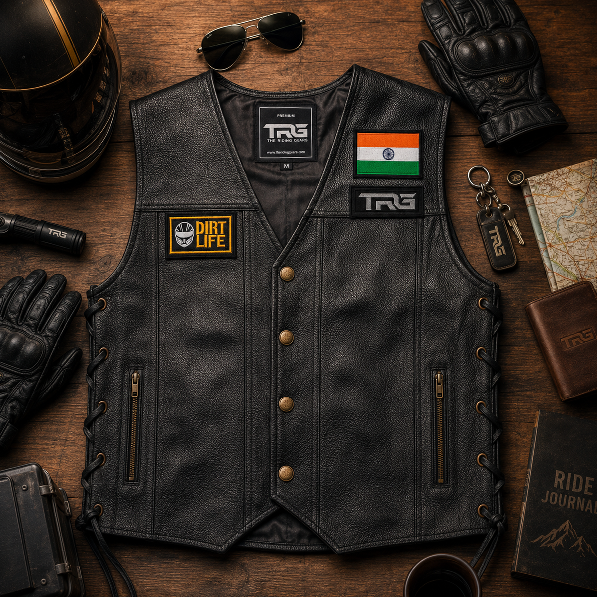 Dirt Life Biker Patch displayed on black leather riding vest with motorcycle accessories