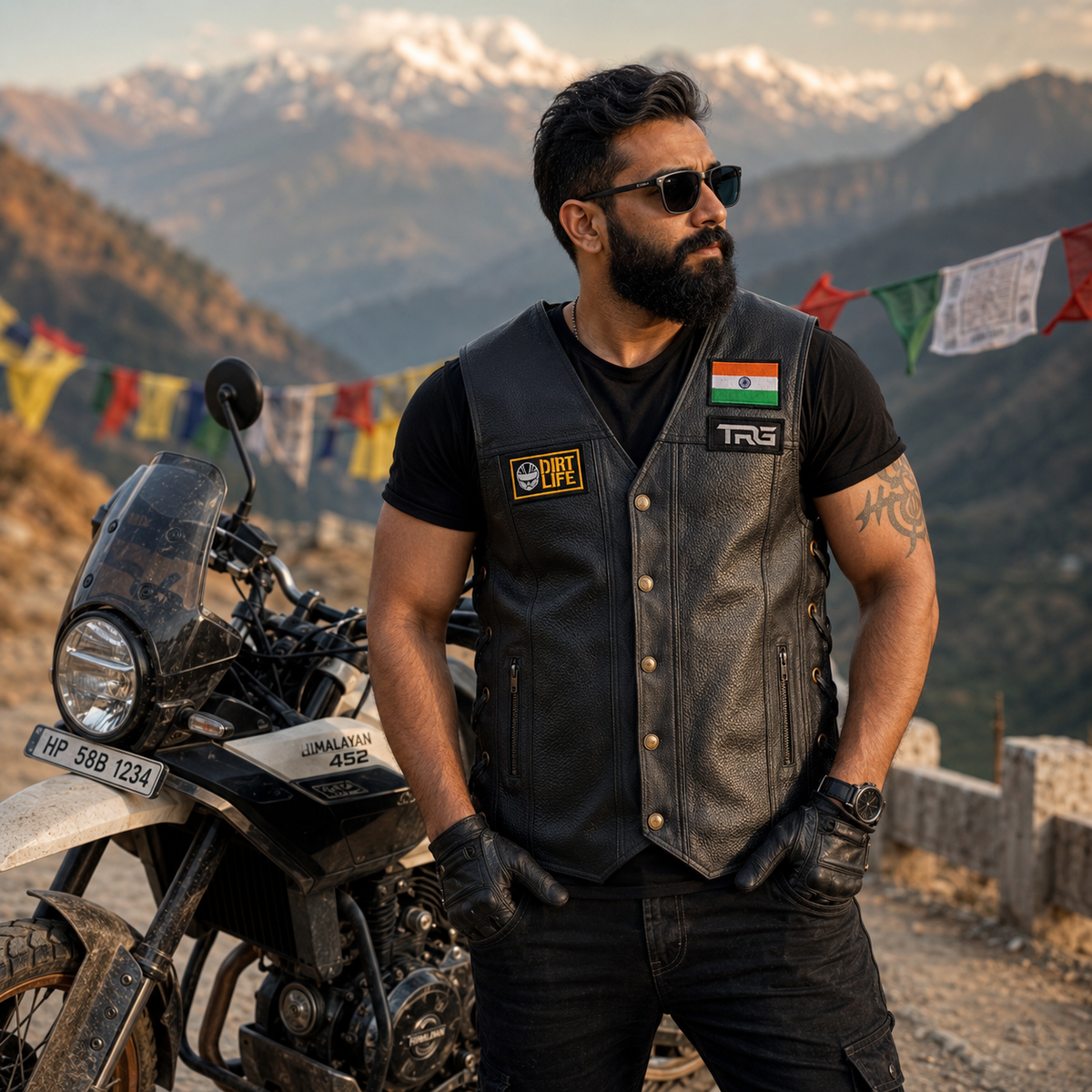 Dirt Life Biker Patch worn on black leather vest by motorcycle rider in mountain setting