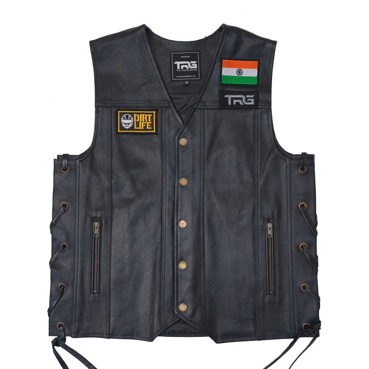 Dirt Life Biker Patch displayed on black leather motorcycle riding vest on white background
