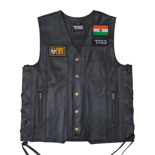 Dirt Life Biker Patch displayed on black leather motorcycle riding vest on white background