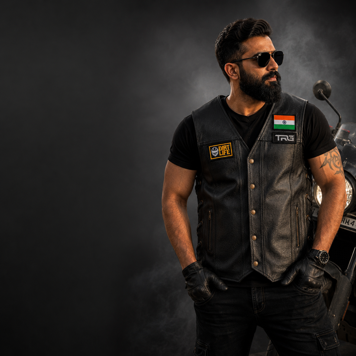 Dirt Life Biker Patch worn by biker on black leather motorcycle vest in studio setting