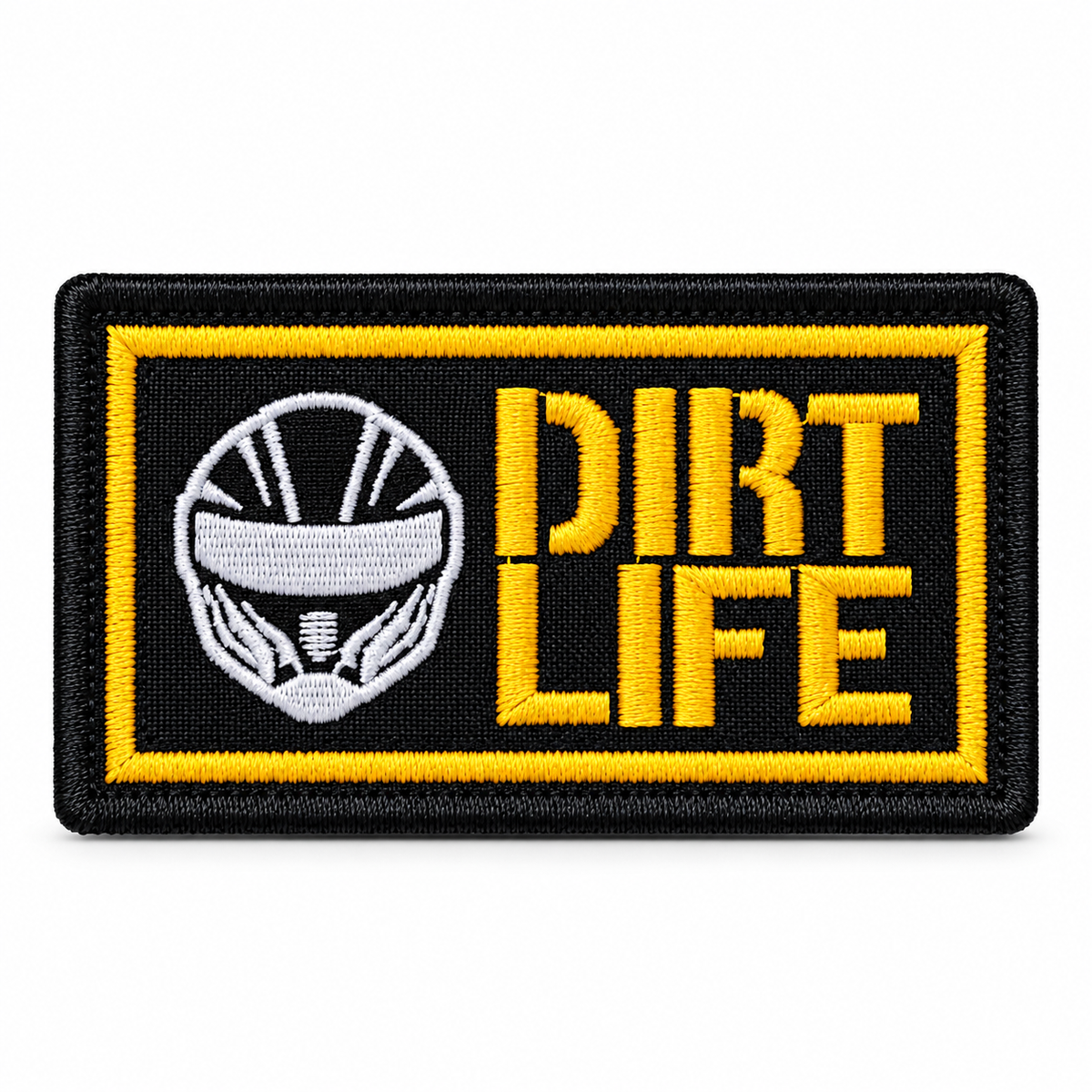 Dirt Life Biker Patch with yellow white and black embroidered helmet design on white background