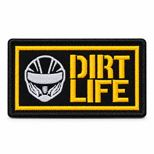 Dirt Life Biker Patch with yellow white and black embroidered helmet design on white background