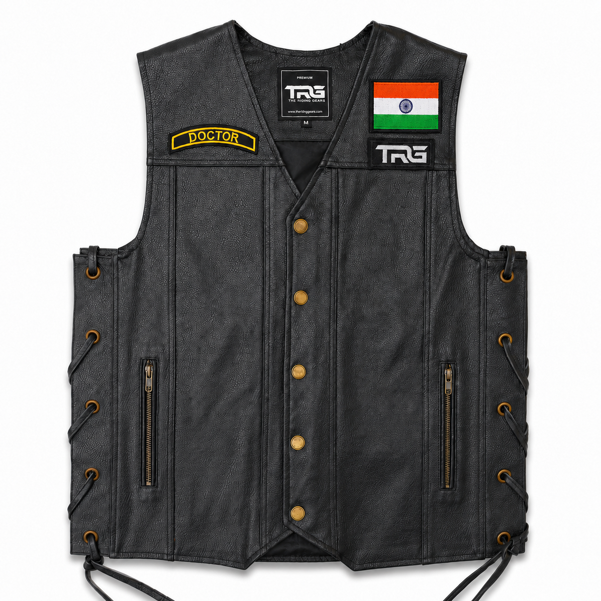 Doctor front designation biker patch fitted on black leather motorcycle riding vest with Indian flag and TRG patches