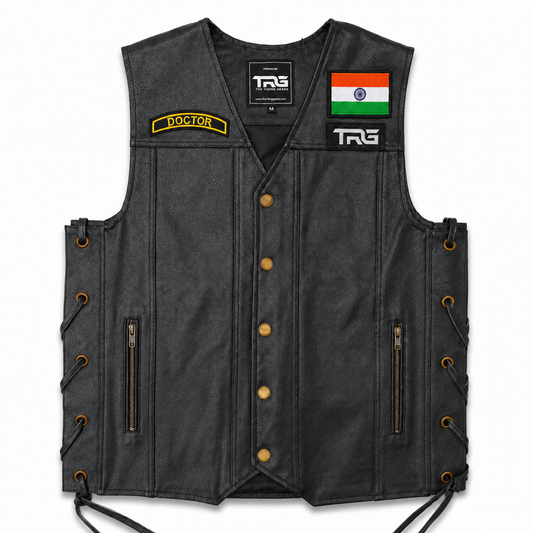 Doctor front designation biker patch fitted on black leather motorcycle riding vest with Indian flag and TRG patches
