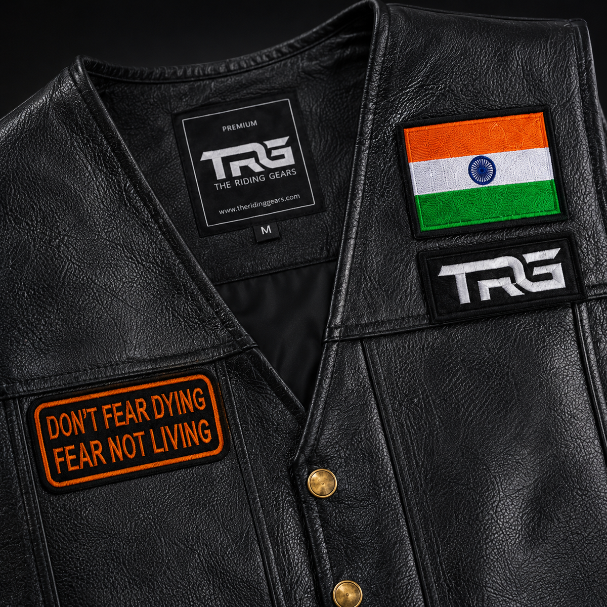 Biker Patch Don't Fear Dying Fear Not Living close-up on black leather motorcycle vest