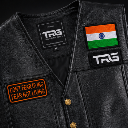 Biker Patch Don't Fear Dying Fear Not Living close-up on black leather motorcycle vest