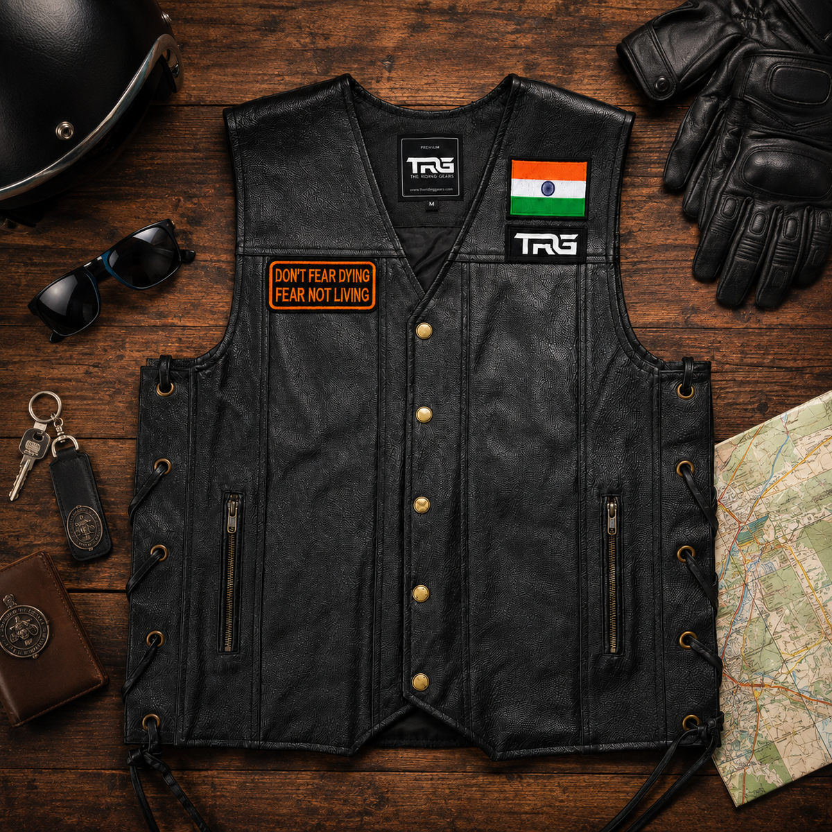 Biker Patch Don't Fear Dying Fear Not Living displayed on black riding vest with motorcycle accessories