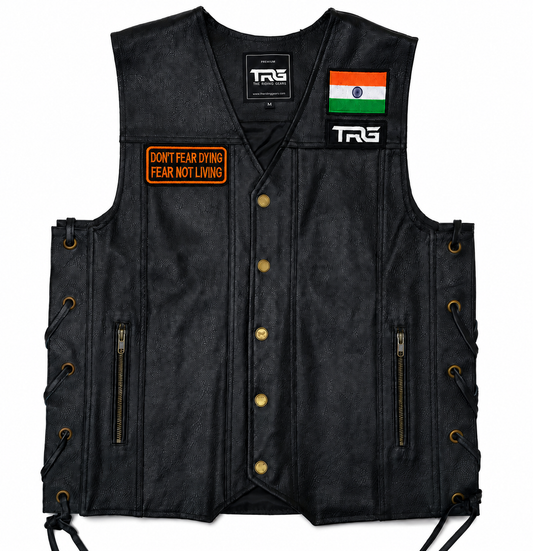 Biker Patch Don't Fear Dying Fear Not Living displayed on black motorcycle riding vest on white background