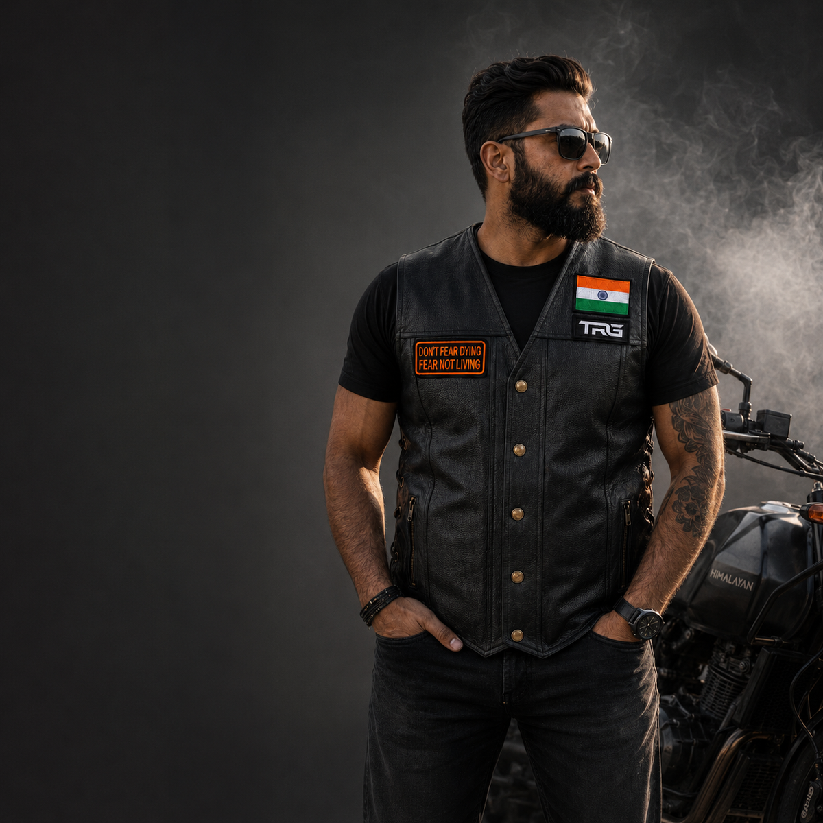 Biker Patch Don't Fear Dying Fear Not Living worn by biker with black motorcycle vest