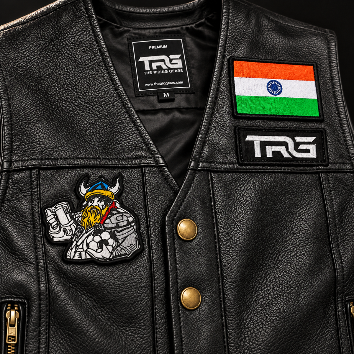 Drinker Biker Patch close-up showing detailed embroidery on black leather riding vest