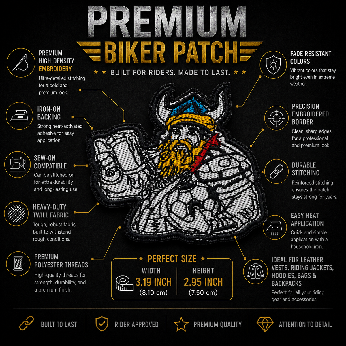 Drinker Biker Patch showing premium embroidery features and 3.19 x 2.95 inch size