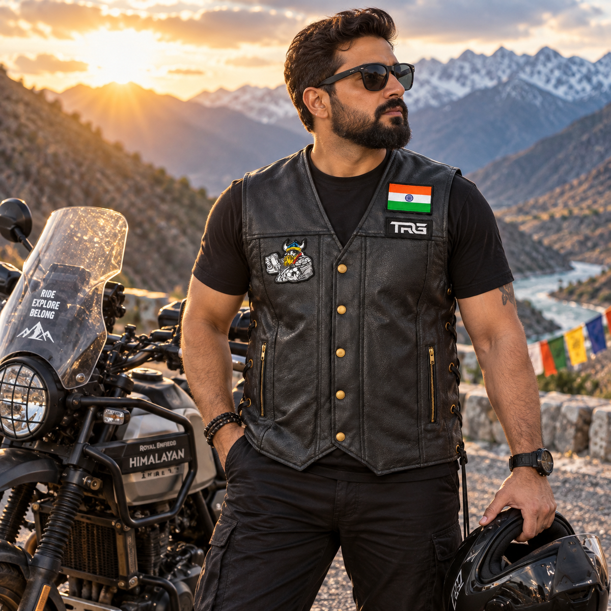 Drinker Biker Patch worn on black leather motorcycle vest by rider beside adventure motorcycle