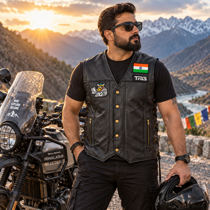 Drinker Biker Patch worn on black leather motorcycle vest by rider beside adventure motorcycle