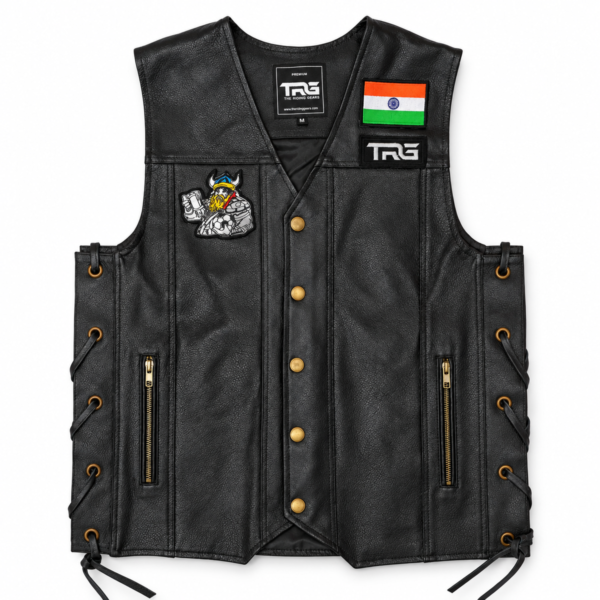 Drinker Biker Patch displayed on black leather motorcycle riding vest on white background